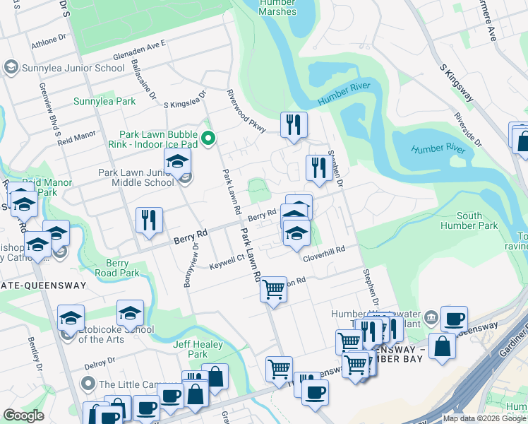 map of restaurants, bars, coffee shops, grocery stores, and more near 170 Berry Road in Toronto