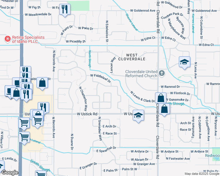map of restaurants, bars, coffee shops, grocery stores, and more near 12753 West Baldcypress Drive in Boise