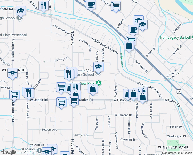 map of restaurants, bars, coffee shops, grocery stores, and more near 3426 North Armor Street in Boise