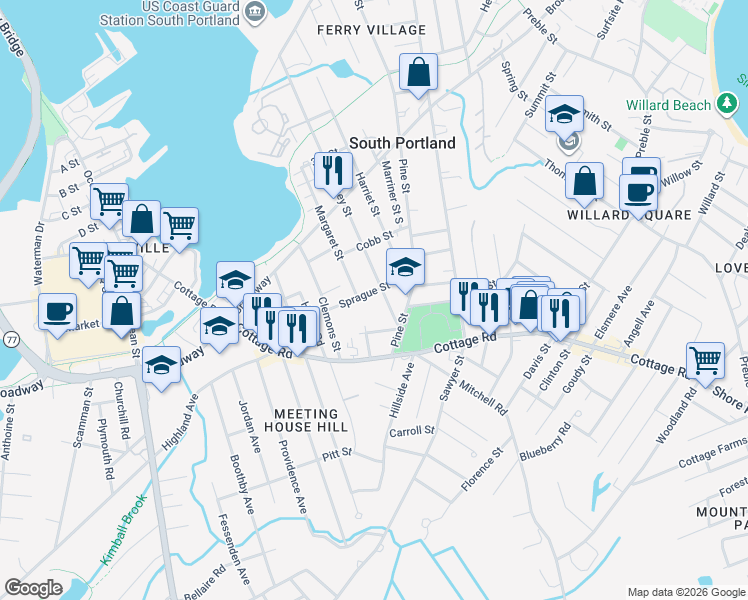 map of restaurants, bars, coffee shops, grocery stores, and more near 239 Mussey Street in South Portland