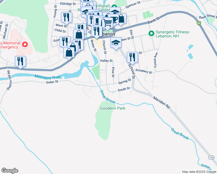 map of restaurants, bars, coffee shops, grocery stores, and more near 78 Church Street in Lebanon