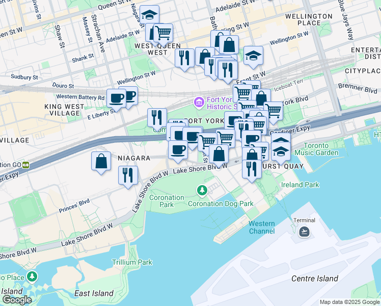 map of restaurants, bars, coffee shops, grocery stores, and more near in Toronto