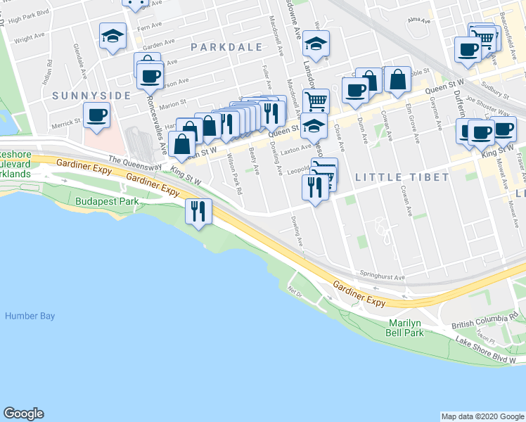 map of restaurants, bars, coffee shops, grocery stores, and more near 1467A King Street West in Toronto