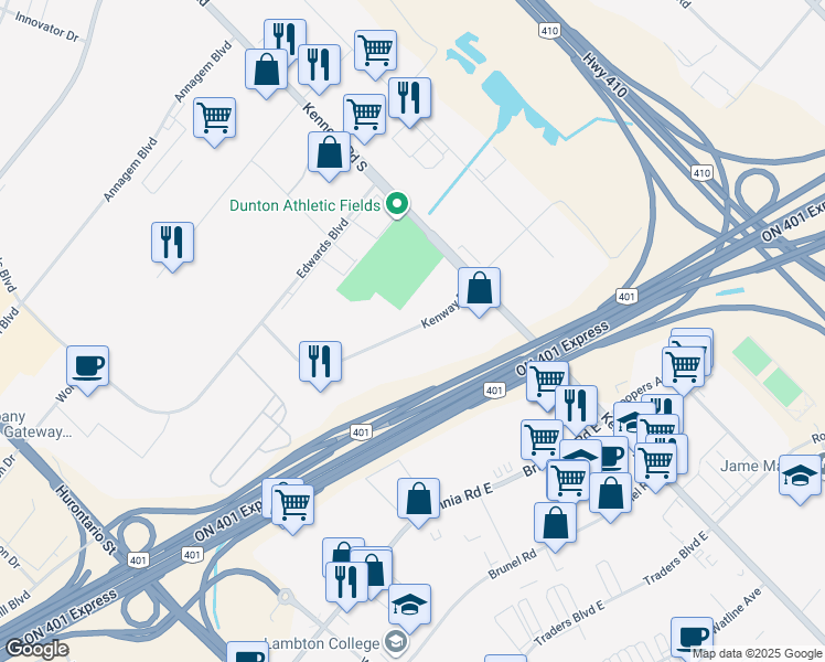 map of restaurants, bars, coffee shops, grocery stores, and more near 11 Kenway Drive in Mississauga