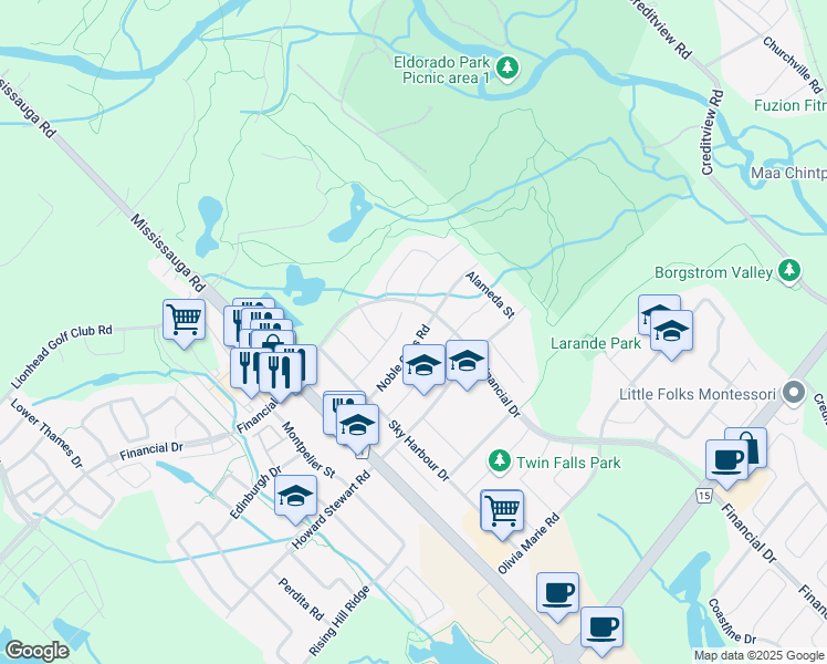 map of restaurants, bars, coffee shops, grocery stores, and more near 10 Noble Oaks Road in Brampton