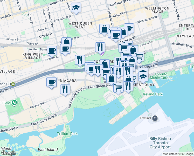 map of restaurants, bars, coffee shops, grocery stores, and more near 219 Fort York Boulevard in Toronto