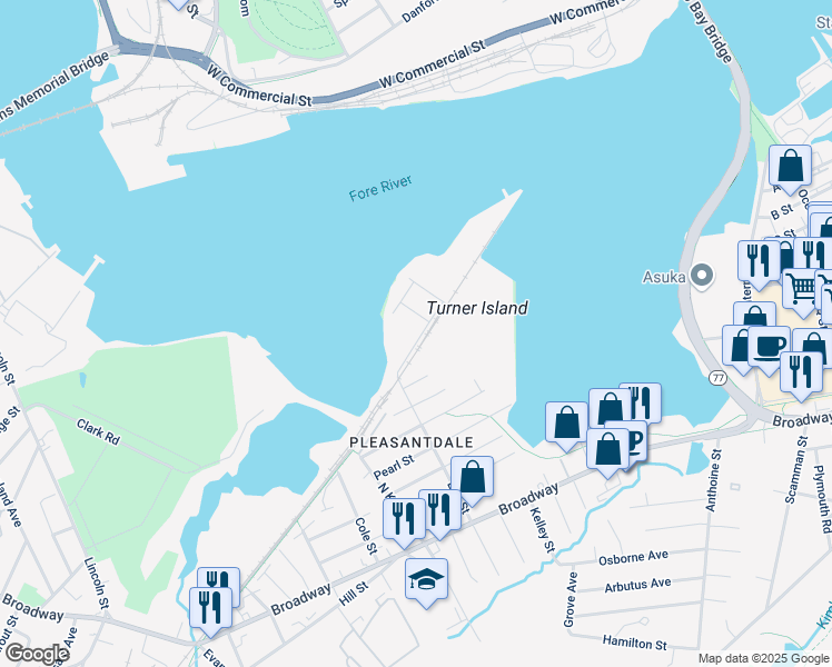 map of restaurants, bars, coffee shops, grocery stores, and more near 49 Elm Street in South Portland