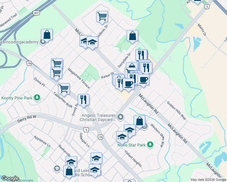 map of restaurants, bars, coffee shops, grocery stores, and more near 7153 Village Walk in Mississauga