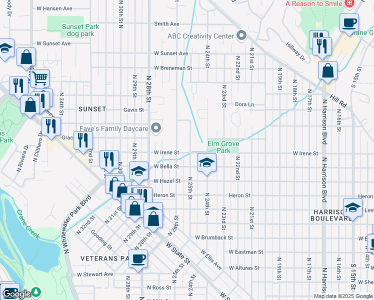 map of restaurants, bars, coffee shops, grocery stores, and more near 2500 West Irene Street in Boise