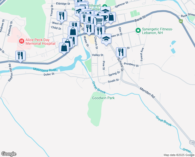 map of restaurants, bars, coffee shops, grocery stores, and more near 78 Church Street in Lebanon