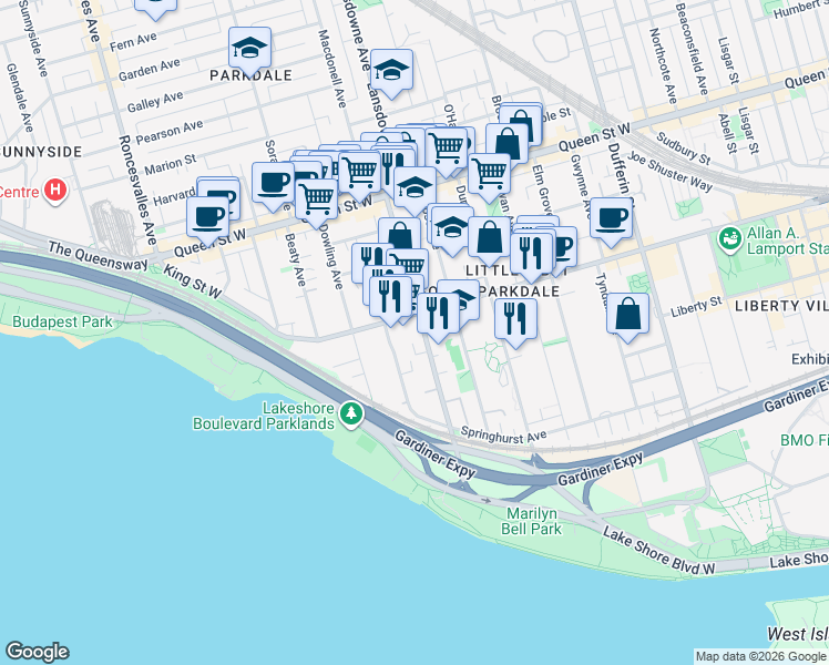 map of restaurants, bars, coffee shops, grocery stores, and more near 140 Jameson Avenue in Toronto
