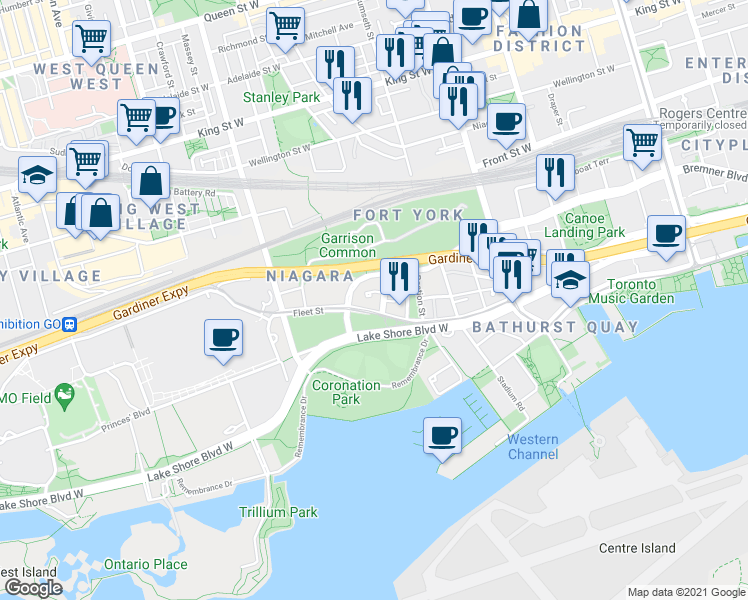 map of restaurants, bars, coffee shops, grocery stores, and more near in Toronto