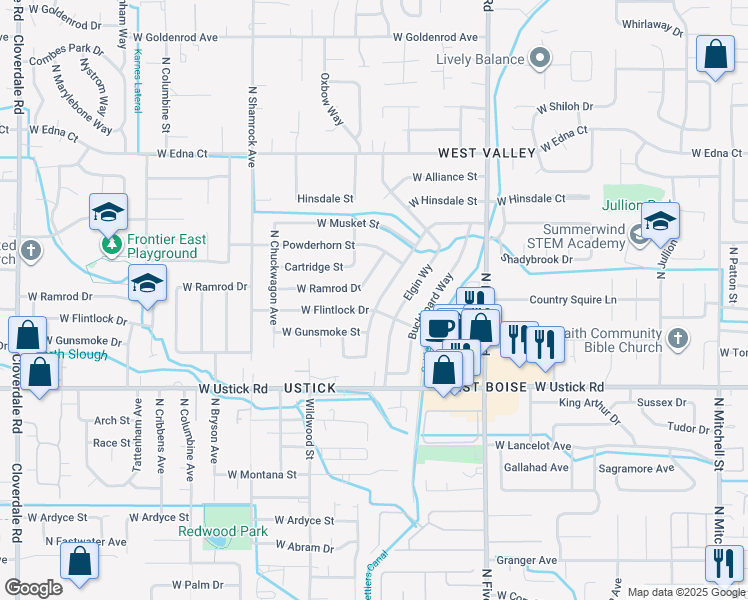 map of restaurants, bars, coffee shops, grocery stores, and more near 3481 Covered Wagon Way in Boise