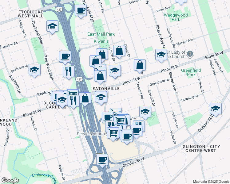 map of restaurants, bars, coffee shops, grocery stores, and more near 10 Vickson Court in Toronto