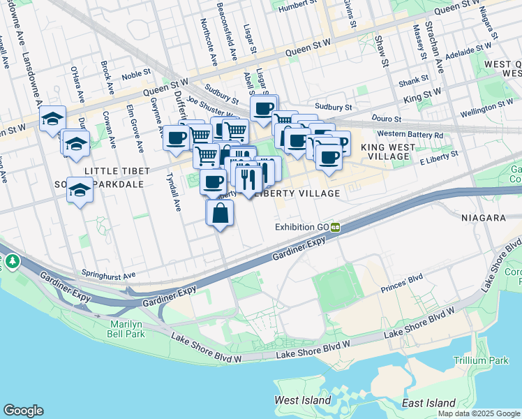 map of restaurants, bars, coffee shops, grocery stores, and more near 60A Fraser Avenue in Toronto