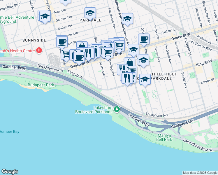 map of restaurants, bars, coffee shops, grocery stores, and more near 1498 King Street West in Toronto