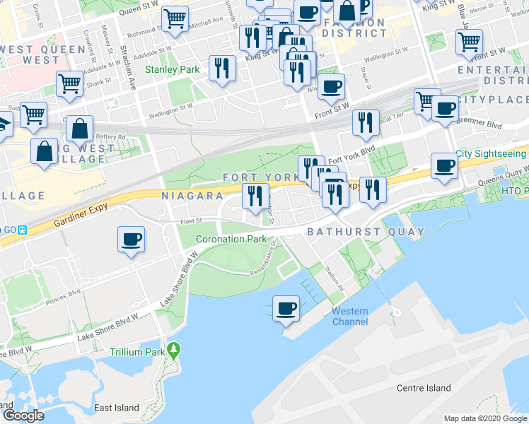 map of restaurants, bars, coffee shops, grocery stores, and more near 215 Bastion Street in Toronto