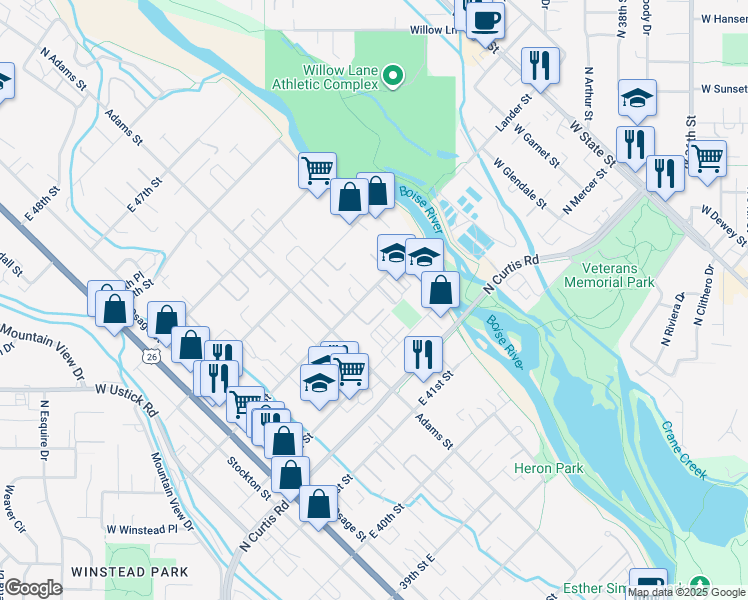 map of restaurants, bars, coffee shops, grocery stores, and more near 505 East 43rd Street in Boise