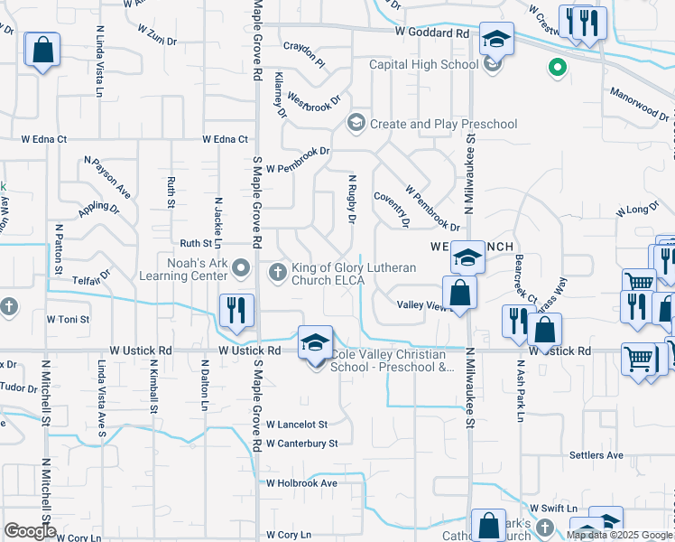 map of restaurants, bars, coffee shops, grocery stores, and more near 3456 North Rugby Way in Boise