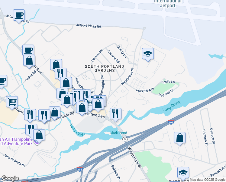 map of restaurants, bars, coffee shops, grocery stores, and more near 550 Westbrook Street in South Portland