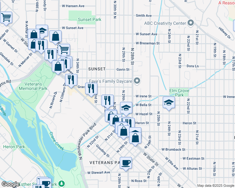 map of restaurants, bars, coffee shops, grocery stores, and more near 1717 North 30th Street in Boise