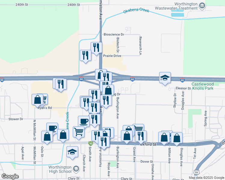 map of restaurants, bars, coffee shops, grocery stores, and more near 1475 Darling Drive in Worthington