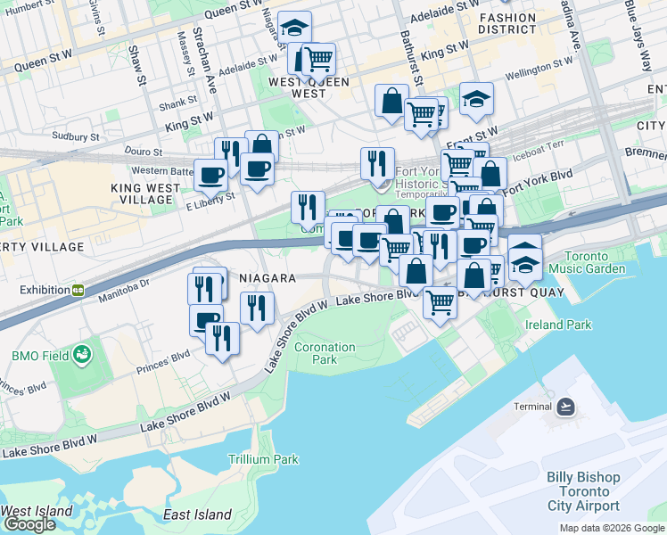 map of restaurants, bars, coffee shops, grocery stores, and more near 231 Fort York Boulevard in Toronto