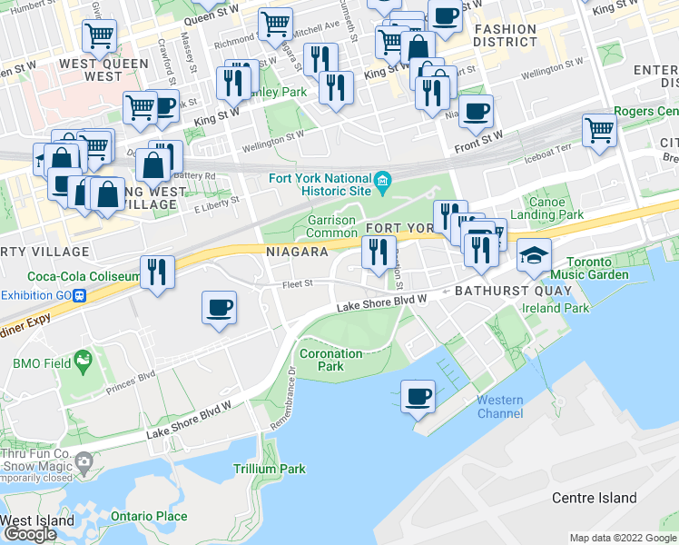 map of restaurants, bars, coffee shops, grocery stores, and more near 219 Fort York Boulevard in Toronto