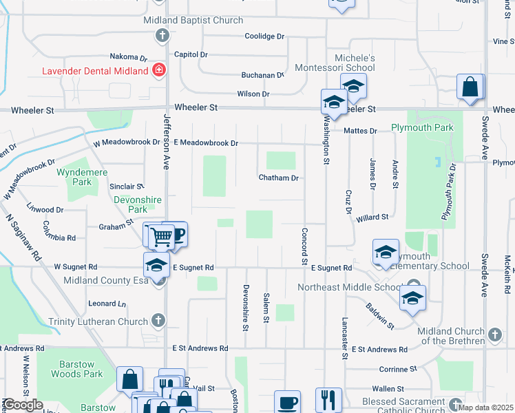 map of restaurants, bars, coffee shops, grocery stores, and more near 33 Lexington Court in Midland