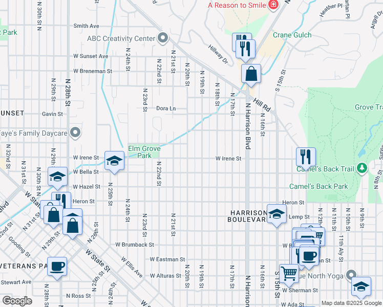 map of restaurants, bars, coffee shops, grocery stores, and more near 1804 North 20th Street in Boise