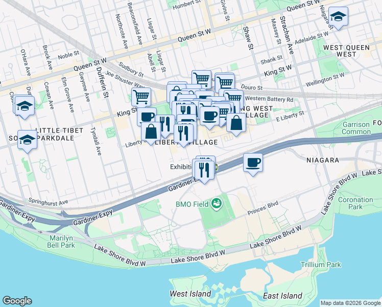 map of restaurants, bars, coffee shops, grocery stores, and more near 20 Atlantic Avenue in Toronto