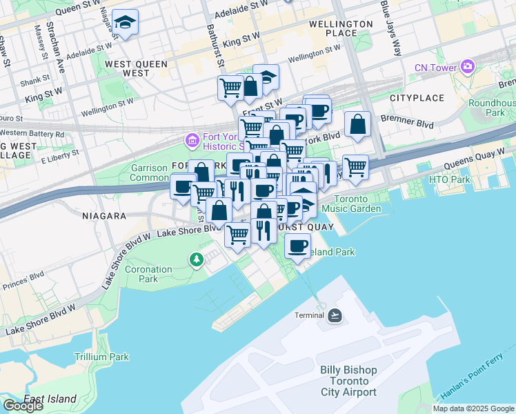map of restaurants, bars, coffee shops, grocery stores, and more near in Toronto