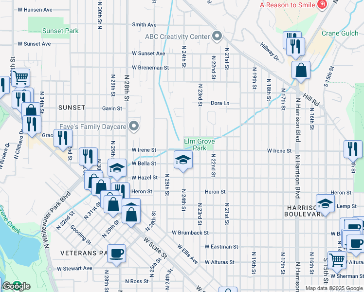 map of restaurants, bars, coffee shops, grocery stores, and more near 1801 North 24th Street in Boise