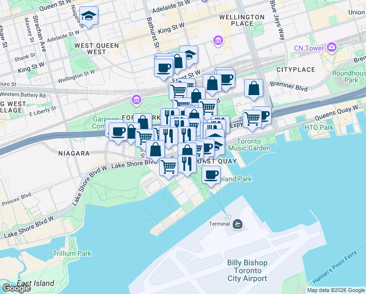 map of restaurants, bars, coffee shops, grocery stores, and more near in Toronto
