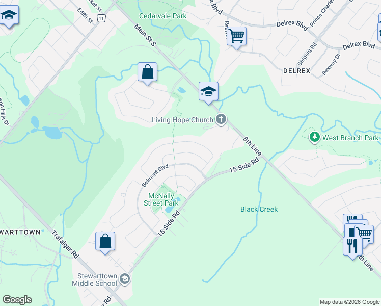 map of restaurants, bars, coffee shops, grocery stores, and more near 32 Willoughby Way in Halton Hills