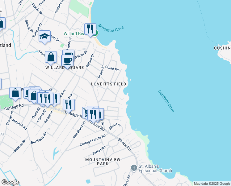 map of restaurants, bars, coffee shops, grocery stores, and more near 25 Ledge in South Portland