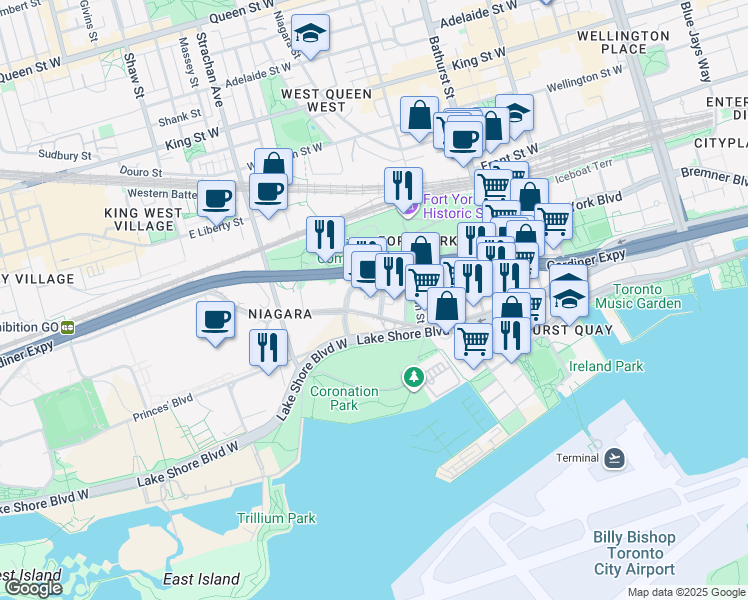 map of restaurants, bars, coffee shops, grocery stores, and more near 219 Angelique Street in Toronto