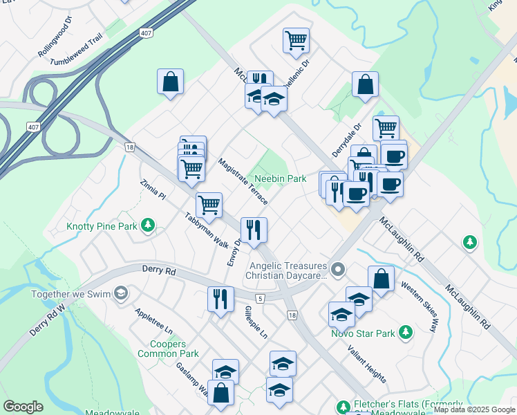 map of restaurants, bars, coffee shops, grocery stores, and more near 717 Kaiser Drive in Mississauga