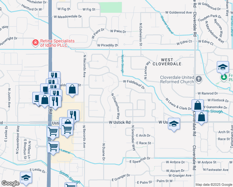 map of restaurants, bars, coffee shops, grocery stores, and more near 13054 West Peachleaf Court in Boise