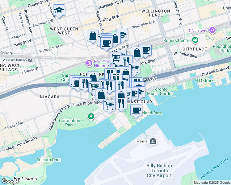 map of restaurants, bars, coffee shops, grocery stores, and more near 600 Fleet Street in Toronto