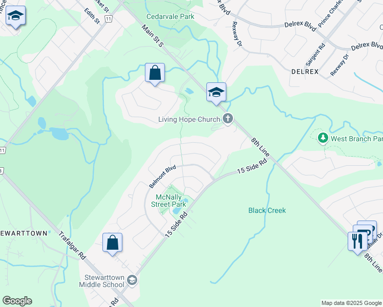 map of restaurants, bars, coffee shops, grocery stores, and more near Willoughby Way in Halton Hills