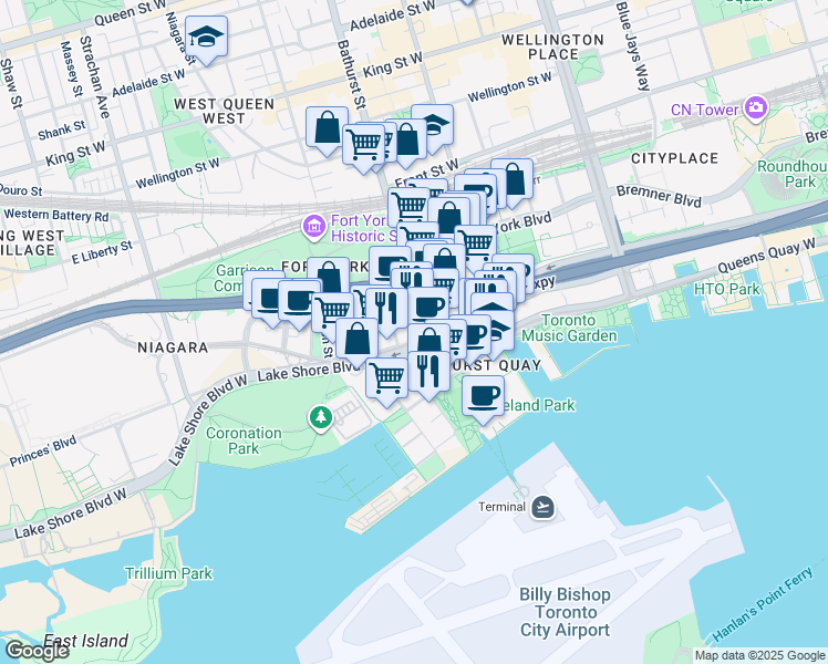 map of restaurants, bars, coffee shops, grocery stores, and more near 600 Fleet Street in Toronto