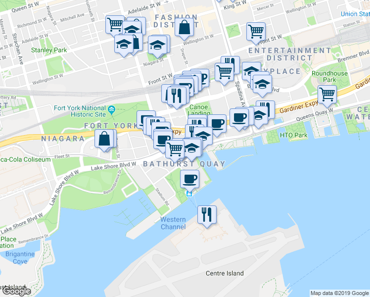 map of restaurants, bars, coffee shops, grocery stores, and more near 600 Queens Quay West in Toronto