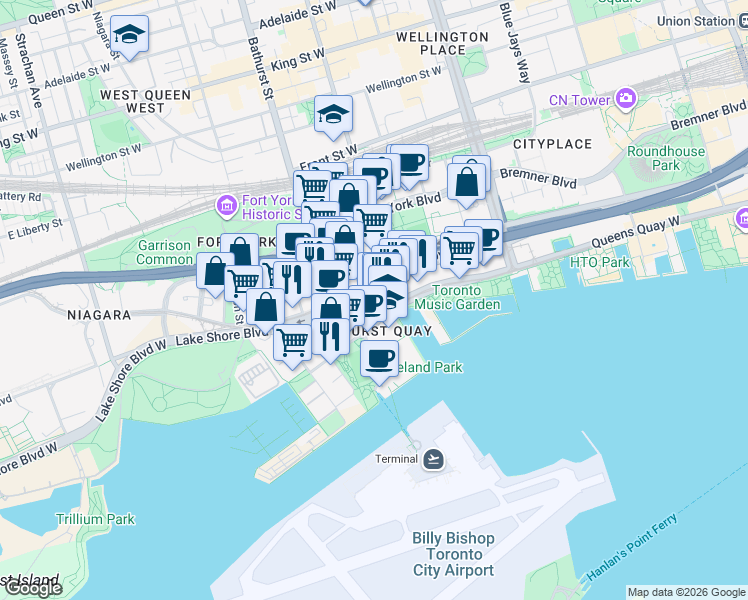 map of restaurants, bars, coffee shops, grocery stores, and more near 600 Queens Quay West in Toronto