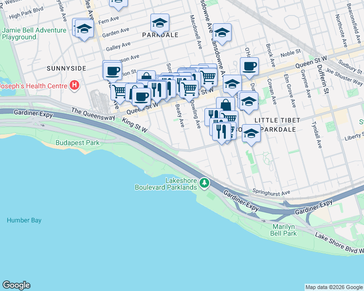 map of restaurants, bars, coffee shops, grocery stores, and more near 1506 King Street West in Toronto