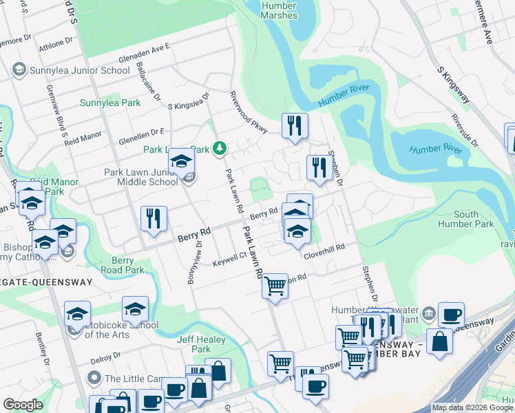 map of restaurants, bars, coffee shops, grocery stores, and more near 172 Berry Road in Toronto