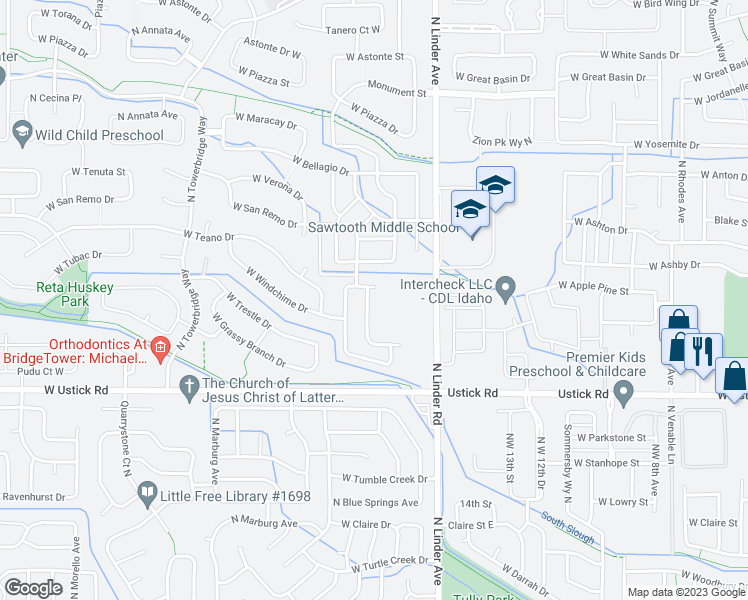 map of restaurants, bars, coffee shops, grocery stores, and more near 3540 North Tradewind Avenue in Meridian