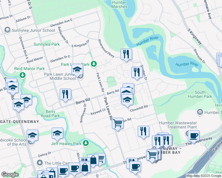 map of restaurants, bars, coffee shops, grocery stores, and more near 172 Berry Road in Toronto