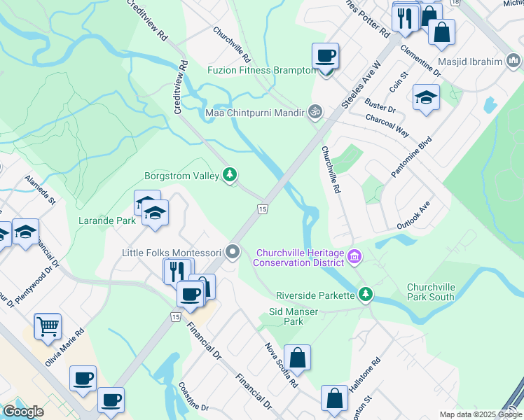 map of restaurants, bars, coffee shops, grocery stores, and more near Steeles Avenue West in Brampton