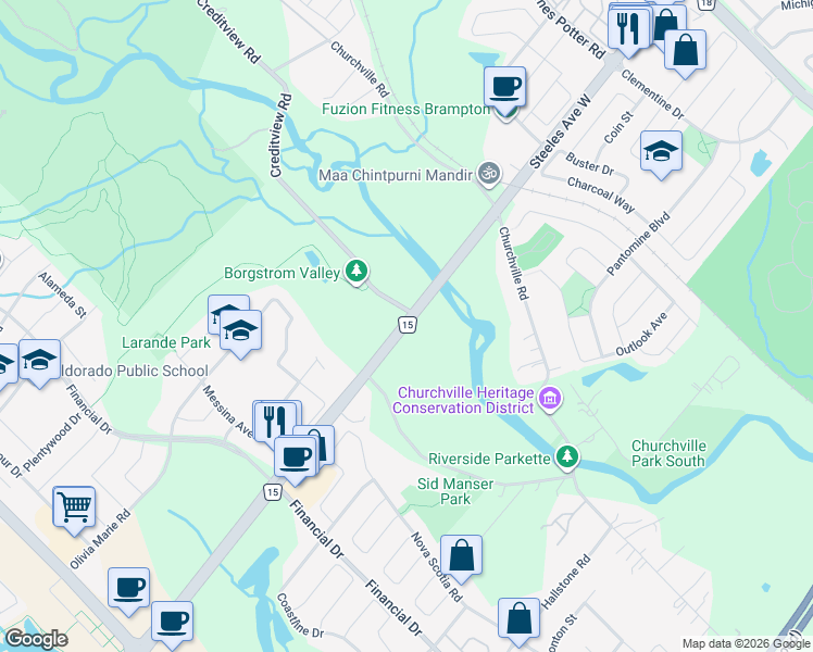 map of restaurants, bars, coffee shops, grocery stores, and more near Steeles Avenue West in Brampton